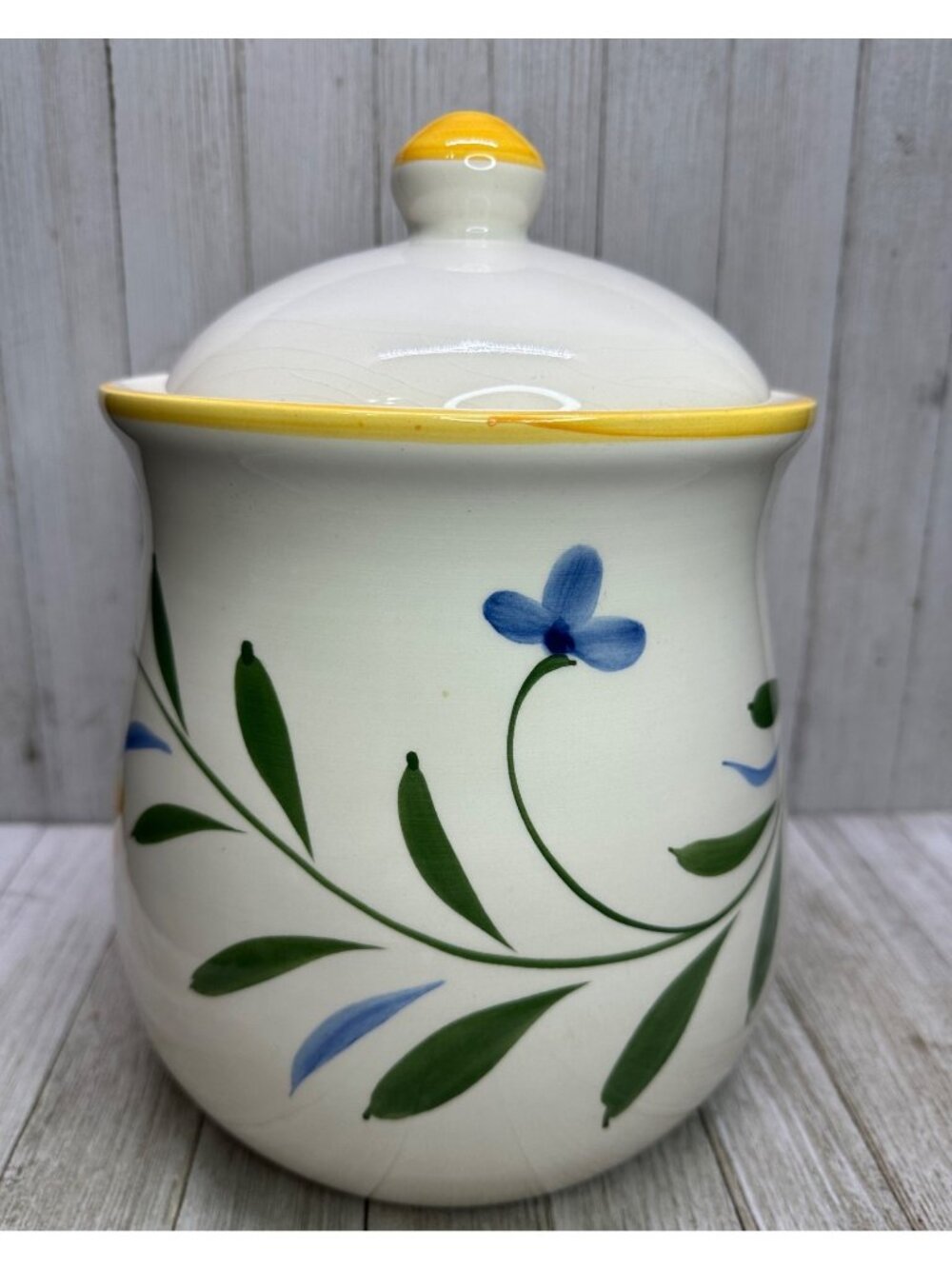 Vtg Floral Painted Cookie Jar Ivy Ceramic Container w/ Lid 10.5" Tall 7" DIA